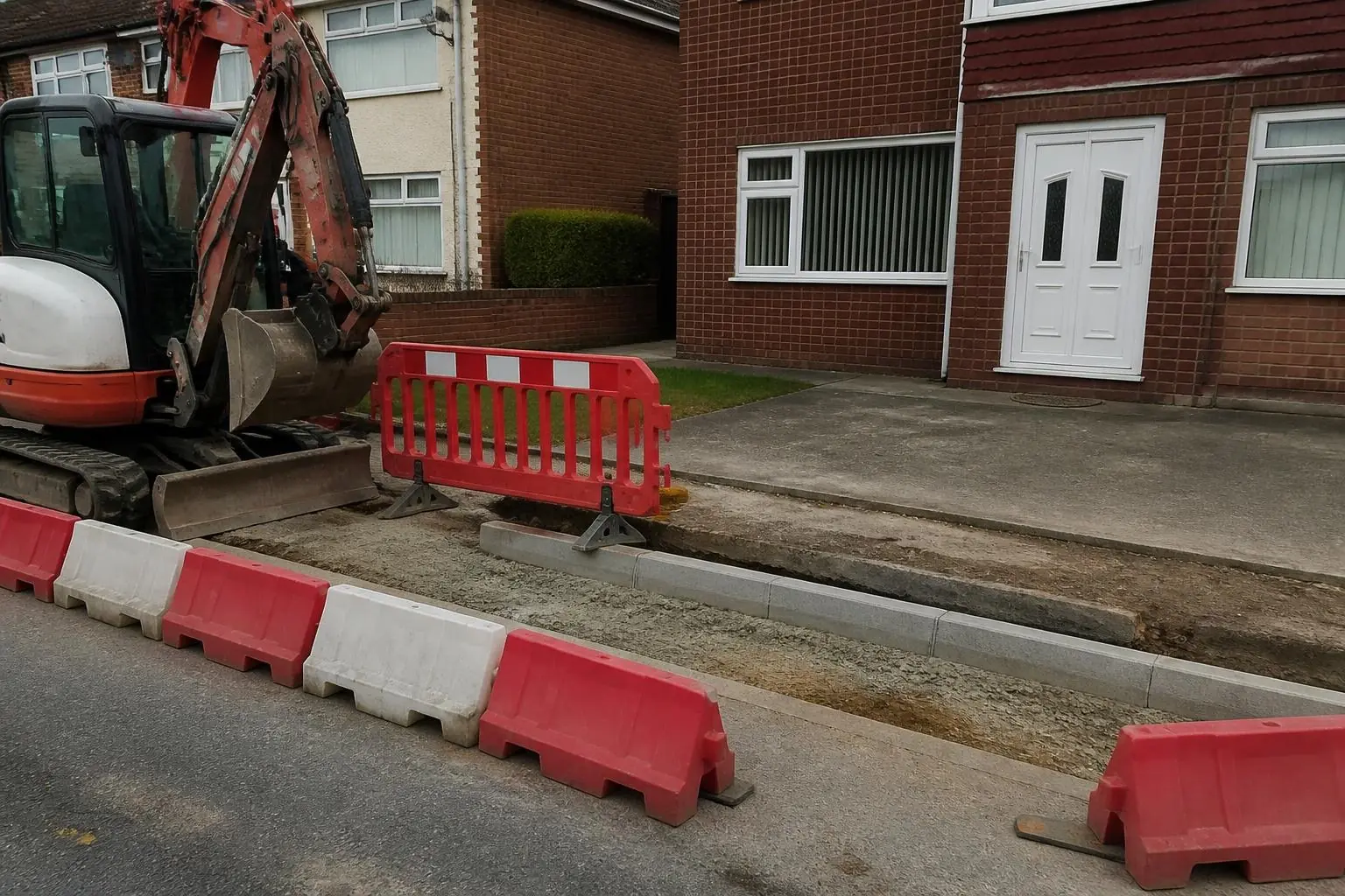Footway being rebuilt for a vehicle crossing with lowered kerb stones